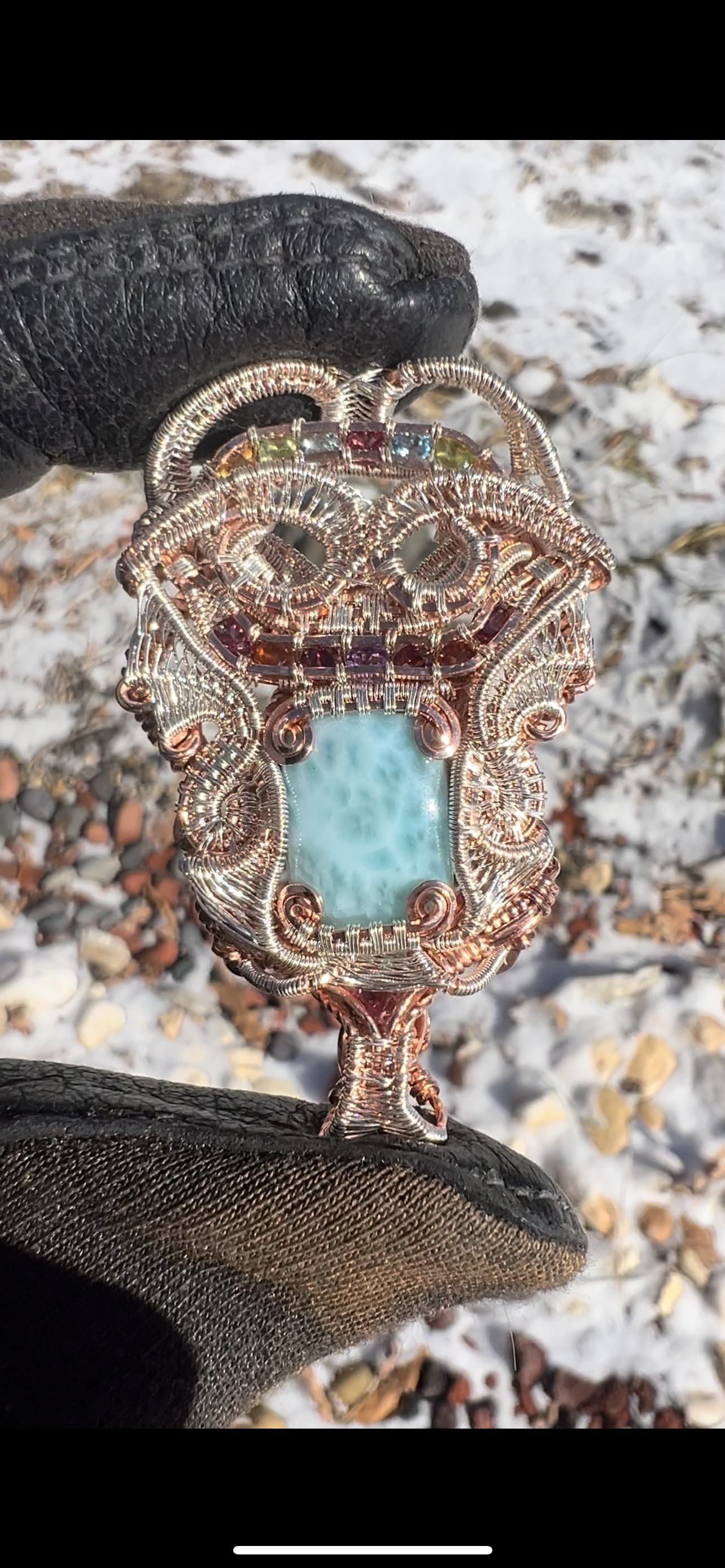 “Seraphim” Double Bailed Larimar Pendant/ Sterling Silver and Copper