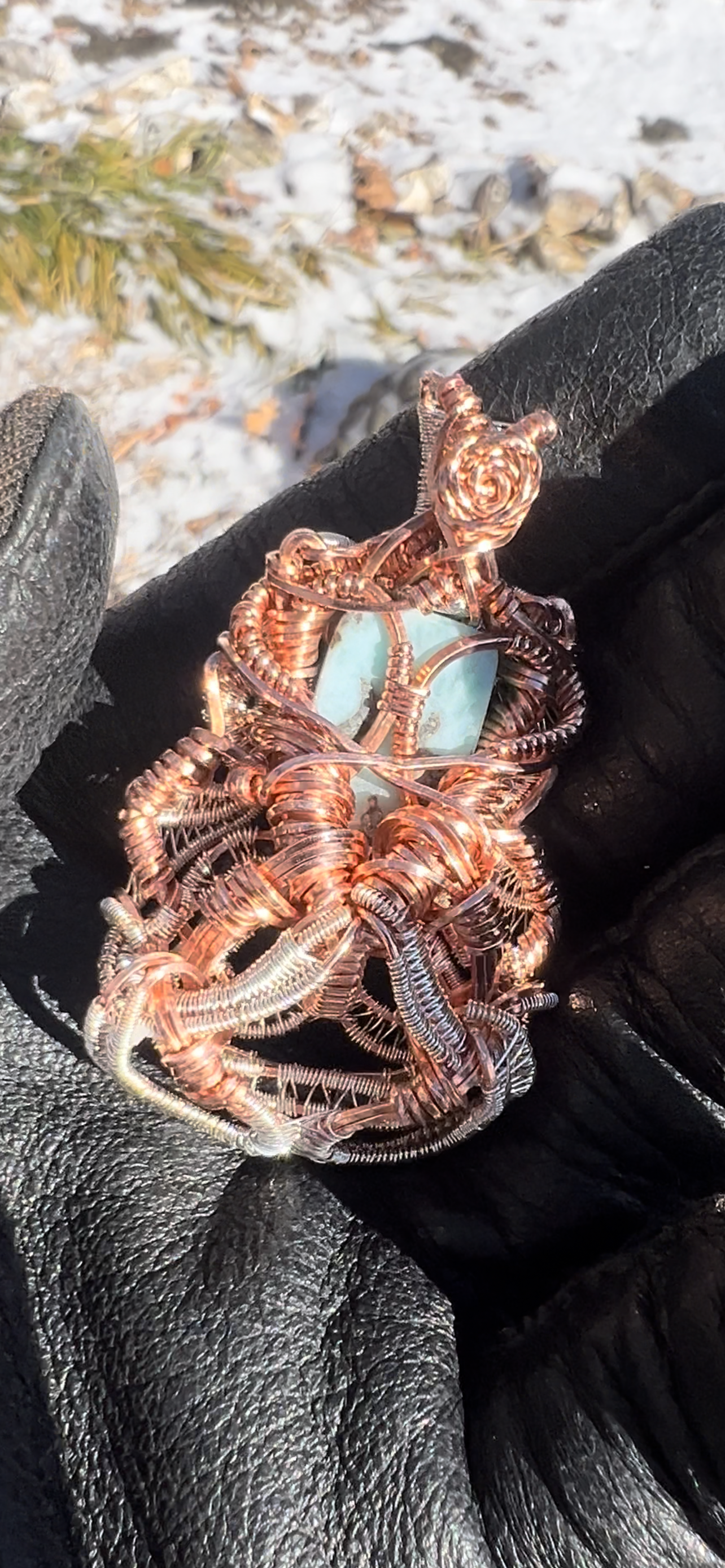 “Seraphim” Double Bailed Larimar Pendant/ Sterling Silver and Copper