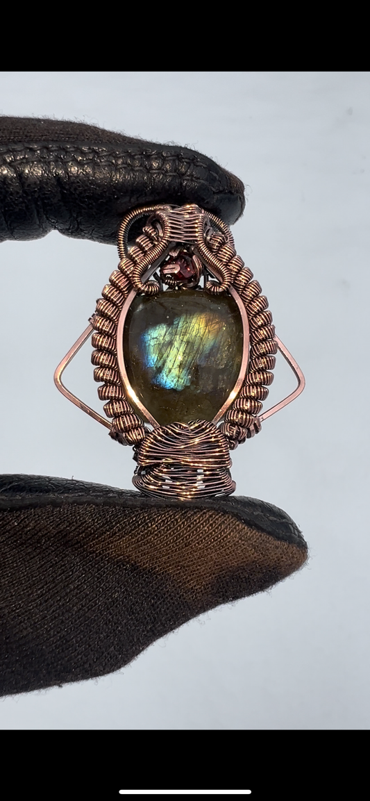 “Verus” Rainbow Labradorite Pendant/ Almadine Accent/ Antiqued Copper
