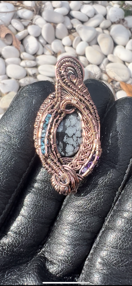 “Sabali” Snowflake Obsidian Pendant/ Antiqued Copper