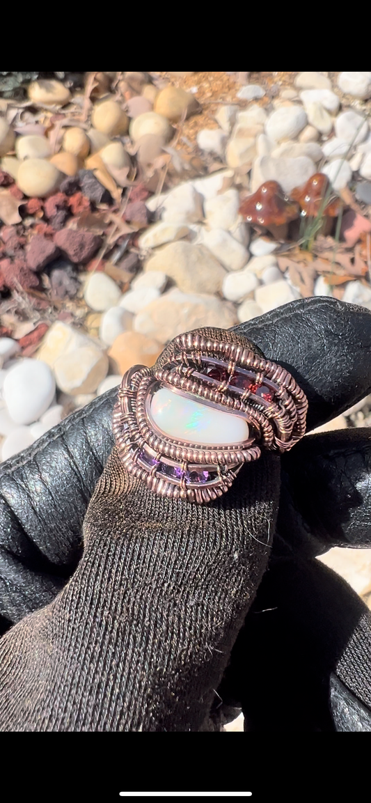 Opal Ring with Alamadine and Amethyst Accent/ Antiqued Copper/ Us size 10